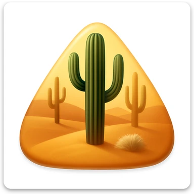 Create a desert emoji in the style of iOS emojis. The shape should be a sand mountain instead of a square, keeping the same cacti, sand, and colors. The sand mountain should be smooth and shiny with a soft shadow added. sticker