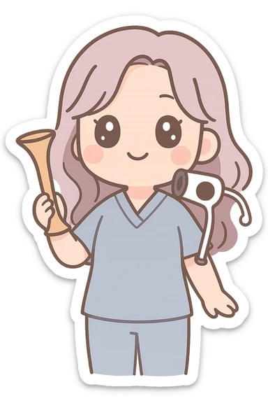 A kawaii style girl with appearance and clothing as in the reference, holding an obstetric stethoscope in one hand, the other hand down, with a larger face. Detailed shadows and highlights, thin clean contours, soft rounded shapes, pastel palette #98B5BC, #B5B3C1, #C9A3C9, #E4C0CA, #F7DCD1, #F7C0AA, soft lighting, transparent background, no decorative elements. sticker