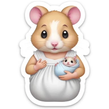 Mama white pretty hamster girl wearing white dress holding a baby hamster wearing nappy  sticker