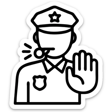 minimalist icon of a police officer facing forward, blowing a whistle, one hand up in a stop sign, clean lines, no background sticker