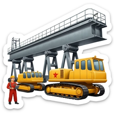 Soviet heavy equipment plant, assembly line, workers, steel beams, propaganda posters sticker