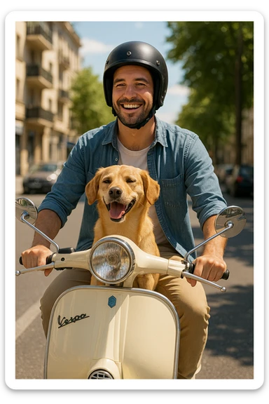 man and his pet dog riding a vespa sticker