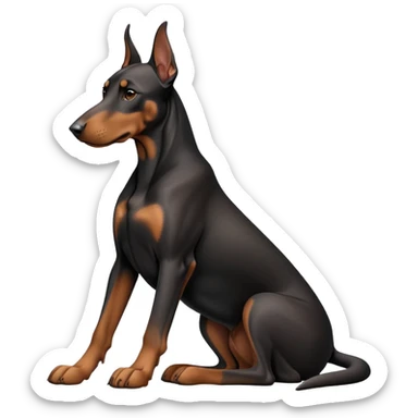 cinematic-[doberman]-realistic-full-body-sitting-emoji,-tail-resting-loosely-beside-its-paws,-head-tilted-dramatically, -sleek-[black and tan]-fur,-simplified-yet-realistic-focused-features,-highly-detailed,-glowing-with-an-almost-sarcastic-glow sticker