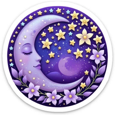 Beautiful poetic ethereal romantic aesthetic sparkly glittery shiny pretty floating pastel lilac lavender Violet moon and flowers and leaves and sparkles and stars aesthetic deco sticker