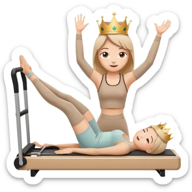 Cute sticker of a girl doing a Pilates stretch on a reformer while holding a cup of coffee in one hand. Wearing beige activewear and a small crown. Kawaii style, happy expression, vector, white outline, transparent background. sticker