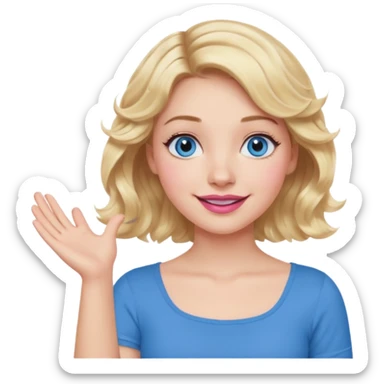 Girl Blonde short wavy hair,  blue eyes, cute blue top, long lashes, pink lips, smiling, shrugging hands raised sticker