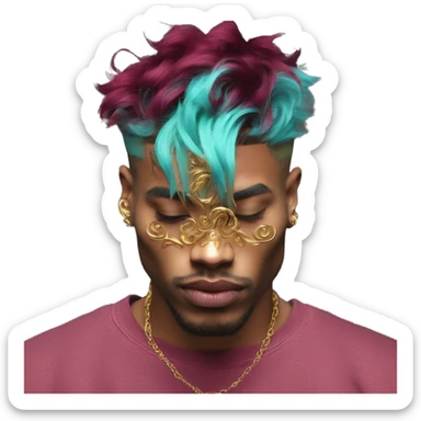 Vintage grunge patina intricate swirls gold jewellery baroque golden sparkle tropical Deep pink maroon burgundy cyan dark hoodie man dyed hair gold piercings nose piercing ear piercings sticker