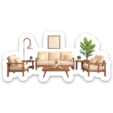 large open concept room with cream walls, wooden floor, cute decorative pillows, wooden furniture sticker