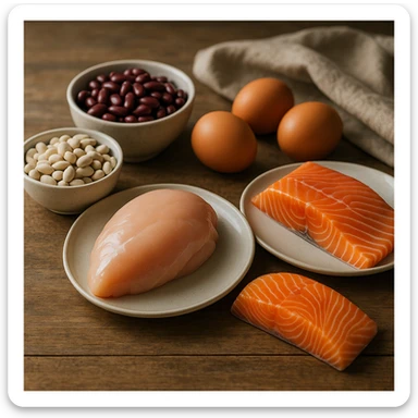 realistic style protein foods photography featuring chicken, salmon, eggs, beans, elegant presentation, natural lighting sticker