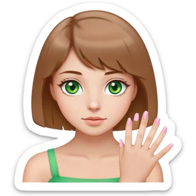 green eyes light brown hair white girl with short bob no bangs with a cosmo light pink nails sticker