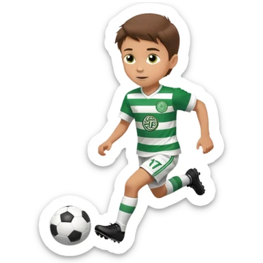 Brown hair 6 years old white boy footballer RUNNING playing soccer wearing CELTIC  UNIFORM  has white stripes  # 17 in the jersey the celtic football club logo NO CHEST LOGO  sticker