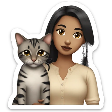 Girl with black eyes and black hair, shoulder length straight black hair, wears a beige blouse outfit, kissing a gray bengal cat  sticker