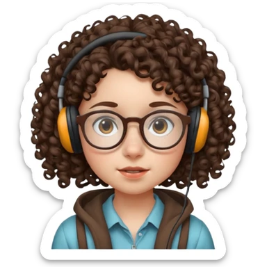 brunette kid with unique face features and very curly hair kid girl neutral and big glasess and big nose and dark eyes with freckles kind of nerd looking and headphone wearing sticker