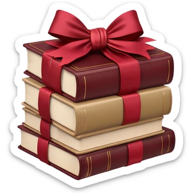 stack of beige/neutral-toned books wrapped in a crimson bow sticker