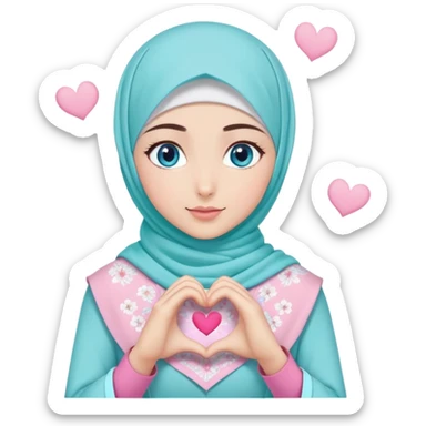 Turkish beautiful finish Konya girl blue eyes with light turquoise sakura and pink hijab islamic dress and making heart with hands and with thank you text sticker