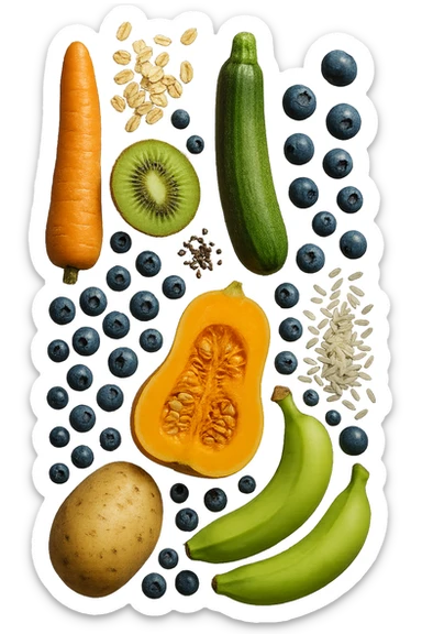 carota, fiocchi di avena, zucchine, kiwi, mirtilli, semi di chia, patate, banane acerbe, zucca, riso fluttuano in aria verticalmente, iperrealistici 4k sticker