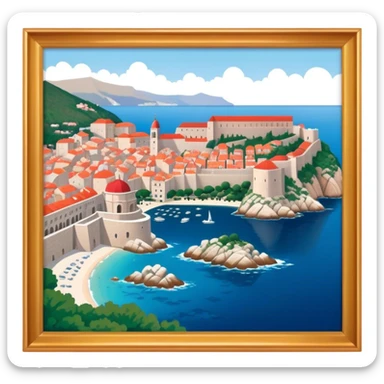 Cinematic Realistic aerial view of the historic city of Dubrovnik, showcasing its iconic red-roofed architecture, fortified walls, and sparkling Adriatic coastline, rendered with rich textures and warm Mediterranean lighting that captures its old-world charm. sticker