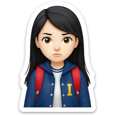college student with annoyed face , black hair , with navy varsity jacket( initial I) and backpack , girl, long hair,  sticker