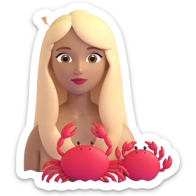 woman with long straight darker blonde hair, light brown skin, with the three iconic arches of Atalaia Beach (Aracaju-SE) in the background, and a small crab as a detail near her sticker