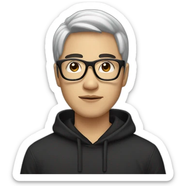 White skin Asian Guy with long black hair and square glasses and black hoodie sticker