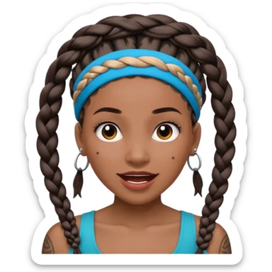 big lose braids starting from the top of the head woman face wiith big visible braids and mono color headband on head excited face and braids as big as headband and lots and lots of face tattoos sticker