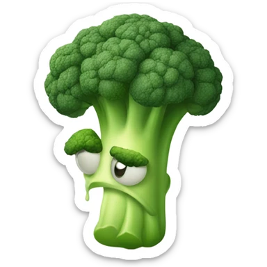 A sad broccoli with downcast eyes and a trembling lip looks upset, as if saying goodbye. Emoji style, simple and friendly, with soft outlines and bright colors. sticker