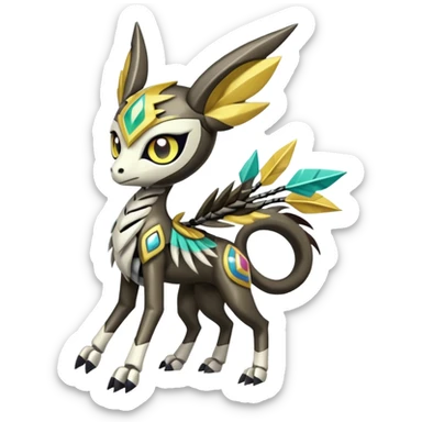 Arrow-patterned chevron-marked Cute Big-eyed anime-styled Colorful Shiny Tribal Skeletal masked armored Meloetta-Silvally-Solgaleo-Raikou-Pokémon-Digimon-Fakémon-fusion-hybrid-creature, full body sticker