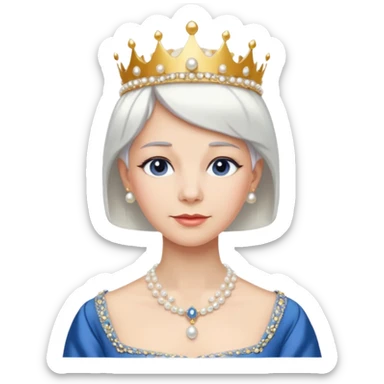 Queen with white short hair – gold tiara, pearl necklace, elegant gown, blue dress sticker