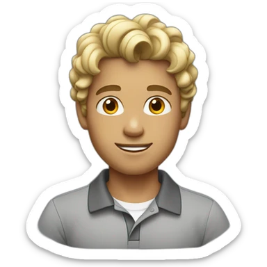 young man with blonde brown curls wearing a gray polo shirt sticker