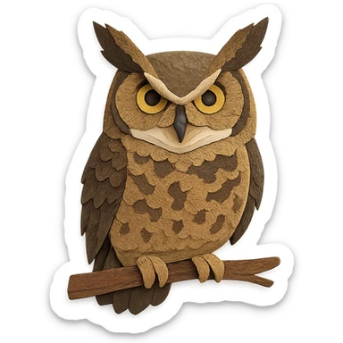 close-up of a great horned owl perched on a branch, fine paper edges, intense gaze, mottled feather patterns, large ear tufts sticker