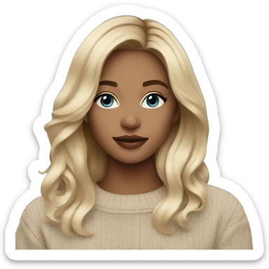Blue eye long blonde balayage hair woman beige sweater sticker