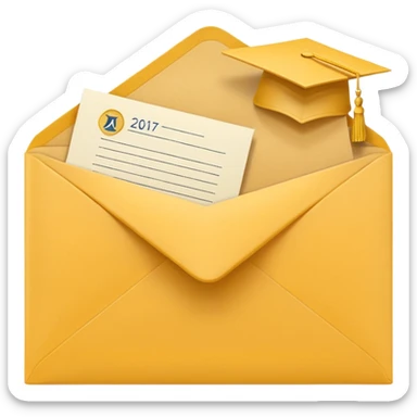 A simple emoji-style icon of a yellow manila envelope, flat and minimal, with clean edges, subtle paper texture, and a small graduation 2017 logo on the front, conveying academic completion and archived records. sticker