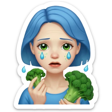 Woman crying eating broccoli. make tears blue color sticker