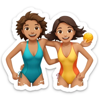 Two friends, as explorers, splash each other in the ocean, laughing as their eyes lock in pure joy and appreciation. The sun glistens on the water, highlighting their deep connection and the simple happiness of the moment.  sticker