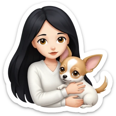 Fair skin girl - long black hair - white clothes - hugging a chihuahua sticker