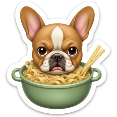 Fawn colored French bull dog looking very angry holding moldy noodles sticker