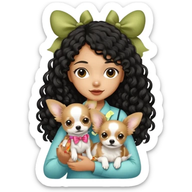 a girl light to medium tan skin with olive skin tone Long black curly hair cut butterfly carrying a white chihuahua dog with a cute ribbon sticker