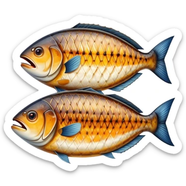 Gradele Cinematic Realistic Gradele Dish Emoji, depicted as 2 perfectly grilled fish with prominent grill marks and a smoky finish, rendered with vivid textures and dynamic, natural lighting. sticker
