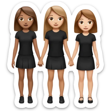 emoji of a girl with long, straight light brown hair, fair skin, soft brown eyes. Wearing a stylish black top and mini skirt. Full-height, standing confidently with shoulders back, head up, smiling proudly. Surrounded by 3 women next to her, holding hands. women are of diferent race sticker