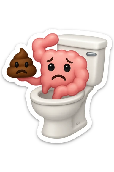 emoji stile iphone di un intestino che esce dal wc con in mano una montagnetta di feci con espressione triste a palline sticker