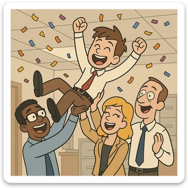 cartoon-style group of office workers lifting a happy junior sales official above their heads, confetti in the air, joyful mood, office celebration sticker