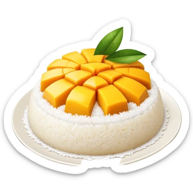 cinematic-realistic-mango-sticky-rice-dessert-emoji,-showcasing-sweet-sticky-rice out of a mould-paired-with-ripe-mango-slices-and-coconut-milk-rendered-with-lifelike-detail-and-warm,-inviting-lighting with the coconut  milk over the rice sticker