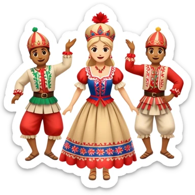 Cinematic Realistic Linđo Dance Emoji, depicted as a traditional Croatian folk dance with lively movements and colorful costumes, rendered with dynamic textures and vibrant festive lighting that captures its cultural vibrancy. sticker