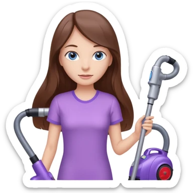 beautiful girl with long brown hair, blue eyes and wearing light purple clothes, cleaning and vacuuming sticker