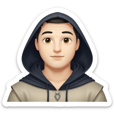 A handsome man with fair complexion. masculine, roman, slightly crooked nose. Thick triangular eyebrows. Hooded eyes and black pupils.  smily lips with a heavy top lid. kpop haircut sticker