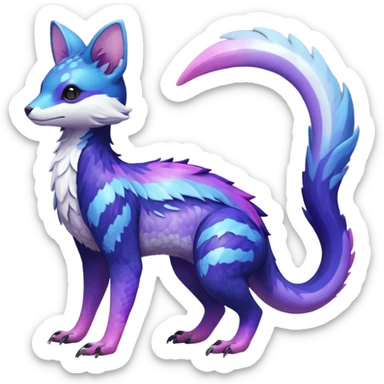 Hyper-realistic Shiny iridescent glossy oily smooth silky soft White with indigo-Violet-purple-pinkish-gradient markings beautiful handsome gorgeous aesthetic colorful vibrant Vernid-Trico-species-Fakemon-creature by LiLaiRa, 4 legs, 1 tail, random markings, (full body) sticker
