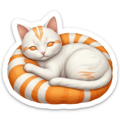 A white cat, curled up and asleep. Its fur has very faint orange stripes on the back and tail. sticker