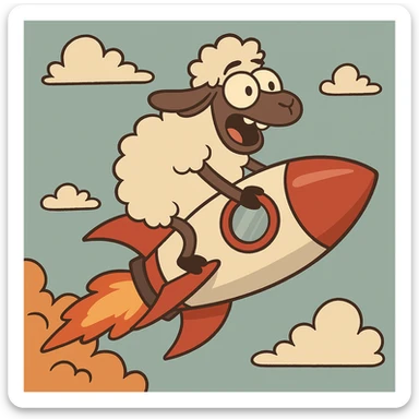 sheep flying on a rocket, flat toon cartoon style sticker