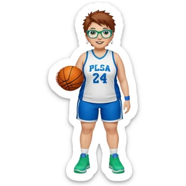 Full Body plus size white female basketball player with short medium brown hair with carmel highlights spikey hair wearing blue glasses 
 wide nose wearing blue green uniform  green sneakers smiling wearing silver hoop earrings sticker