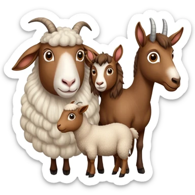 Icon for Domestic Hooved Animals: A gentle collage featuring a brown goat with large, curious eyes, a calm sheep with soft wool and a horse with a flowing mane. Background with a green pasture and a few hay bales. Transparent background. sticker